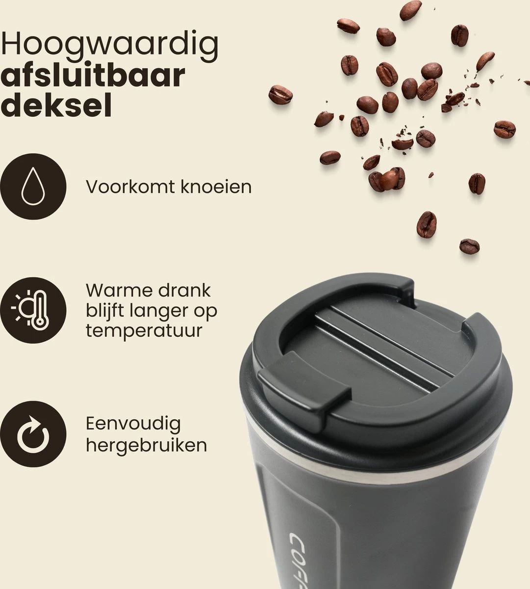 LaCardia Koffiebeker To Go Premium Zwart – Thermosbeker – Theebeker – 380ML – Herbruikbaar 4 LaCardia Koffiebeker To Go Premium Zwart – Thermosbeker – Theebeker – 380ML – Herbruikbaar - Afbeelding 2