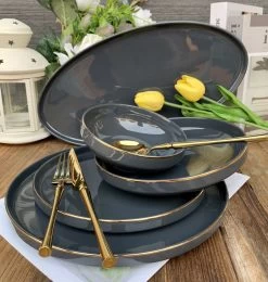 Selinex Porselein Serviesset Grijs Met Gouden Rand 6 Persoons, 25-delig