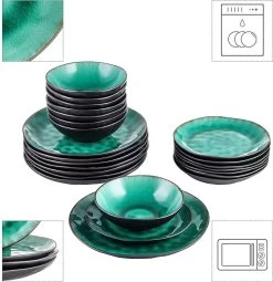Merkloos Combiservies, 24-delig Coco Tafelservies Van Aardewerk, Raku Glazuur Effect Serviesset, Bevat Mueslikommen, Dessertborden En Dinerborden Voor 8 Personen In Vintage Look, Groen -Keukenserie Winkel 1161x1200 1
