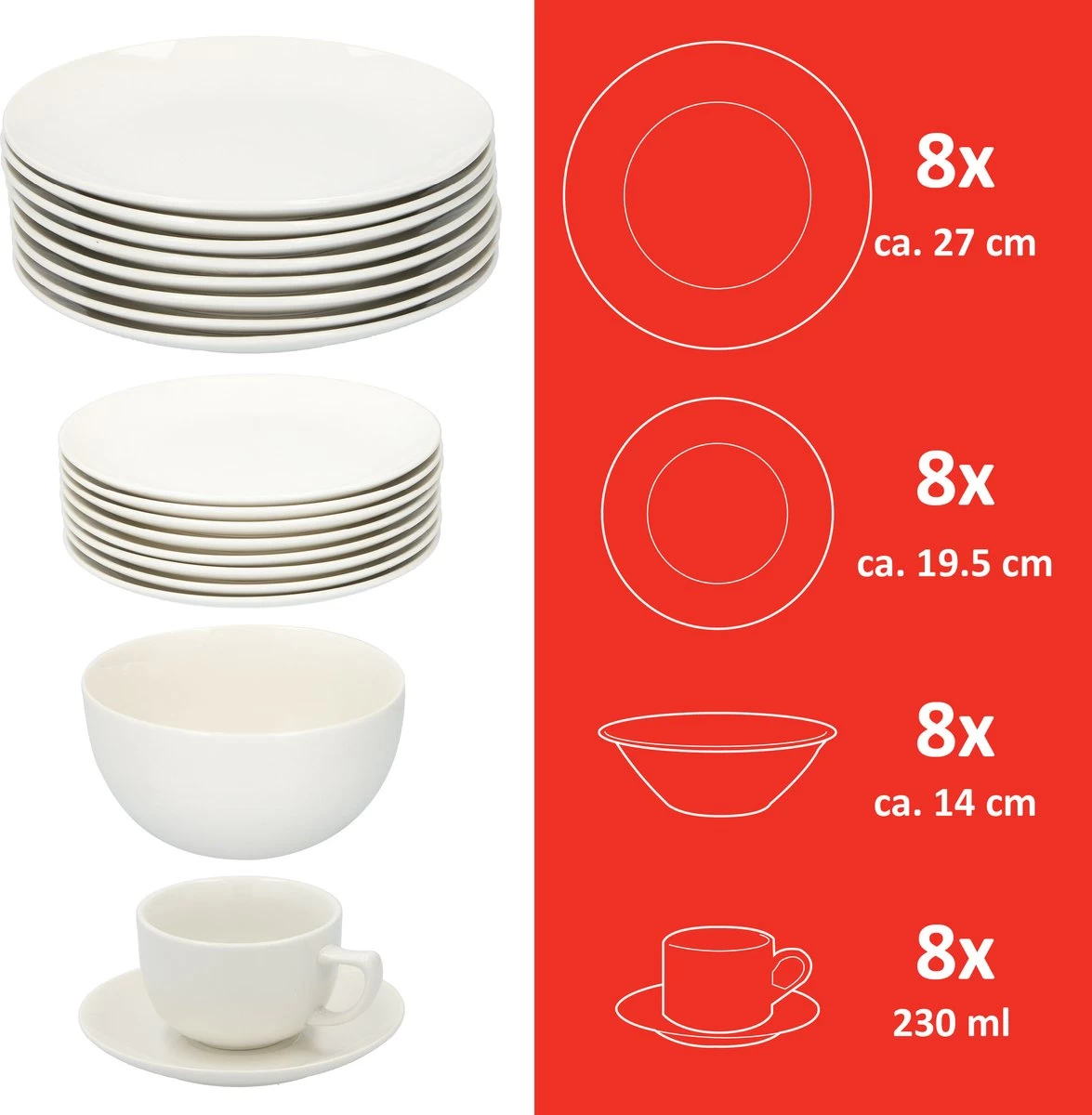 Alpina Tafelservies - Serviesset 40-delig - 8 Persoons - Vaatwasserbestendig - Geschikt Voor Magnetron - Wit 6 Alpina Tafelservies - Serviesset 40-delig - 8 Persoons - Vaatwasserbestendig - Geschikt Voor Magnetron - Wit - Afbeelding 4
