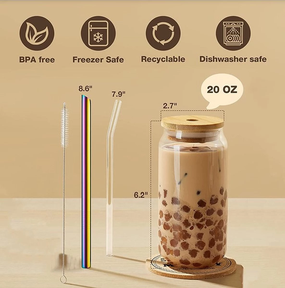 Bubble Tea Beker - Inclusief Stalen Bubble Tea Rietje - 0,5 L - Herbruikbaar - Boba 6 Bubble Tea Beker - Inclusief Stalen Bubble Tea Rietje - 0,5 L - Herbruikbaar - Boba - Afbeelding 4