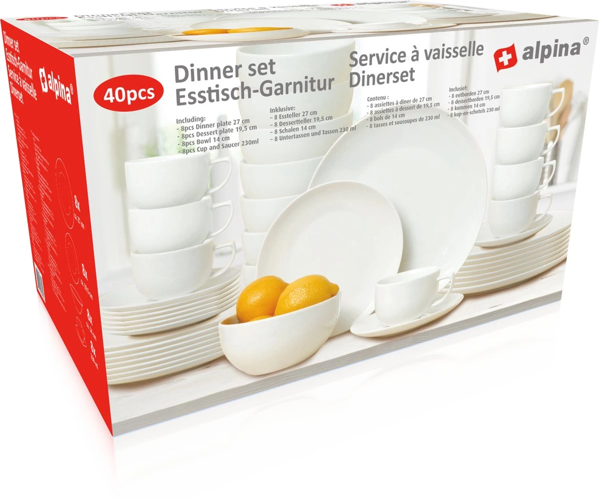Alpina Tafelservies - Serviesset 40-delig - 8 Persoons - Vaatwasserbestendig - Geschikt Voor Magnetron - Wit 9 Alpina Tafelservies - Serviesset 40-delig - 8 Persoons - Vaatwasserbestendig - Geschikt Voor Magnetron - Wit - Afbeelding 7
