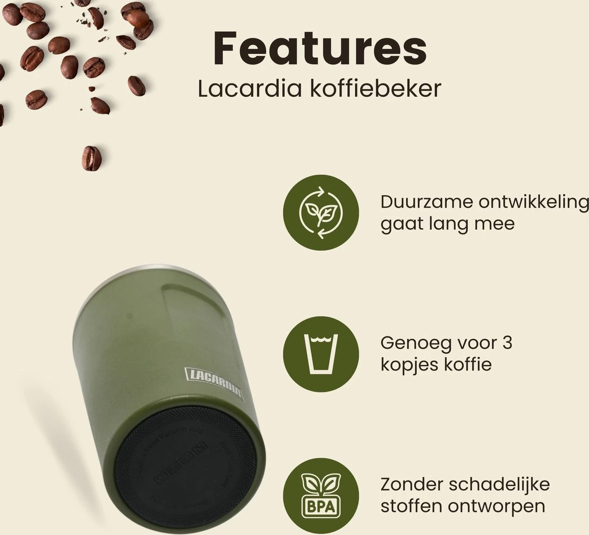 LaCardia Koffiebeker To Go Premium Groen – Thermosbeker – Theebeker – 380ML – Herbruikbaar 5 LaCardia Koffiebeker To Go Premium Groen – Thermosbeker – Theebeker – 380ML – Herbruikbaar - Afbeelding 3