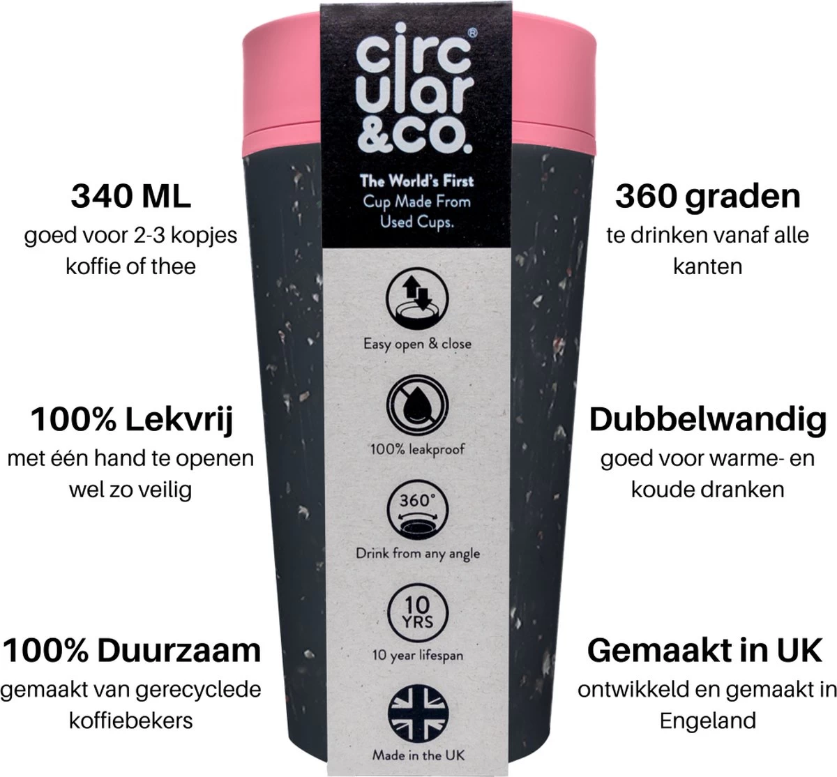 Circular&Co. Herbruikbare To Go Koffiebeker (rCUP) Zwart/roze 12oz/340ml 4 Circular&Co. Herbruikbare To Go Koffiebeker (rCUP) Zwart/roze 12oz/340ml - Afbeelding 2