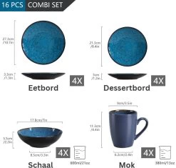 Serviesset – 16 Delig – 4 Persoons – Porselein - Luxe - Blauw -Keukenserie Winkel 1200x1143 4