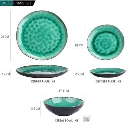 Merkloos Combiservies, 24-delig Coco Tafelservies Van Aardewerk, Raku Glazuur Effect Serviesset, Bevat Mueslikommen, Dessertborden En Dinerborden Voor 8 Personen In Vintage Look, Groen -Keukenserie Winkel 1200x1165 4