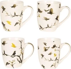 Clayre & Eef Mokken Set Van 4 300 Ml Beige Bruin Porselein Rond Vogels Koffiemok Cadeau Voor Haar Theemok