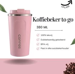 Thermosbeker - Koffiebeker To Go - Travel Mug - Dubbelwandig, RVS & Lekvrij - Thermosbeker Koffie - 380 ML – Roze -Keukenserie Winkel 1200x1184 1