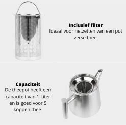 Castagnola Theepot Met Filter – Theekan – Theepot Dubbelwandig – Theepot Roestvrijstaal – Hoogwaardig RVS – 1 Liter – 5 Kopjes Thee – Zilver -Keukenserie Winkel 1200x1195 13