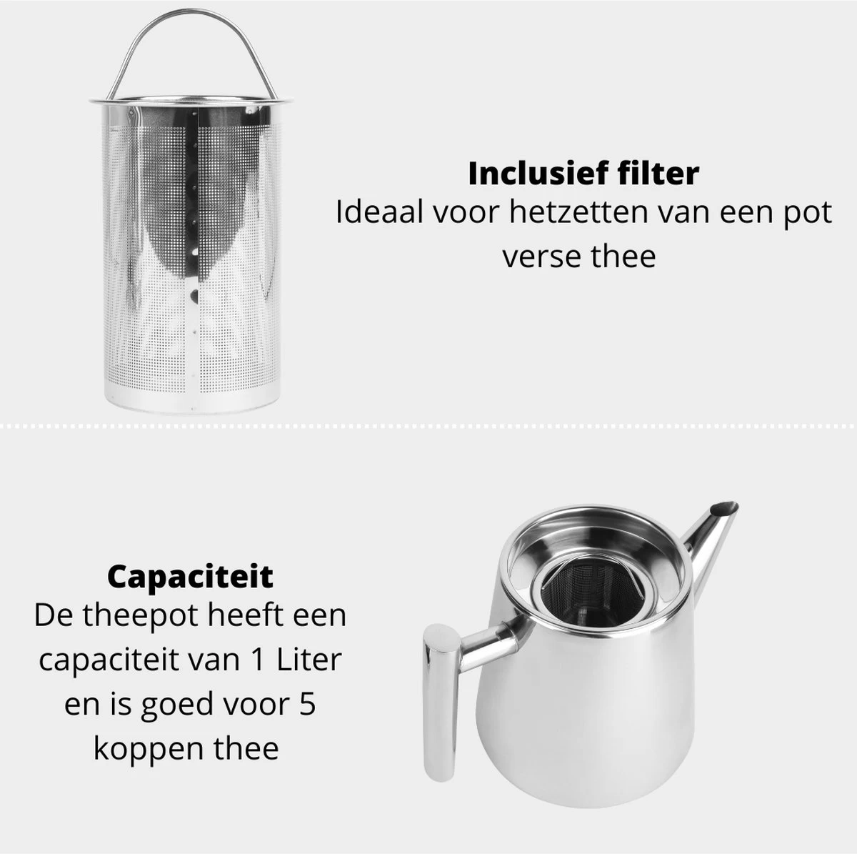 Castagnola Theepot Met Filter – Theekan – Theepot Dubbelwandig – Theepot Roestvrijstaal – Hoogwaardig RVS – 1 Liter – 5 Kopjes Thee – Zilver Glans 6 Castagnola Theepot Met Filter – Theekan – Theepot Dubbelwandig – Theepot Roestvrijstaal – Hoogwaardig RVS – 1 Liter – 5 Kopjes Thee – Zilver Glans - Afbeelding 4
