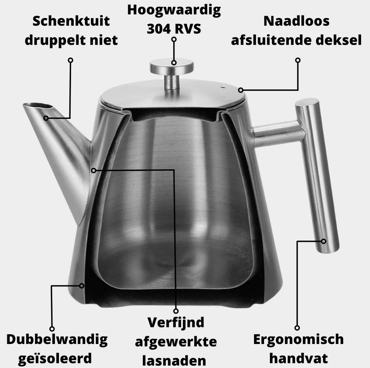 Castagnola Theepot Met Filter – Theekan – Theepot Dubbelwandig – Theepot Roestvrijstaal – Hoogwaardig RVS – 1 Liter – 5 Kopjes Thee – Zilver Glans 8 Castagnola Theepot Met Filter – Theekan – Theepot Dubbelwandig – Theepot Roestvrijstaal – Hoogwaardig RVS – 1 Liter – 5 Kopjes Thee – Zilver Glans - Afbeelding 6