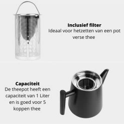 Castagnola Theepot Met Filter – Theekan – Theepot Dubbelwandig – Theepot Roestvrijstaal – Hoogwaardig RVS – 1 Liter – 5 Kopjes Thee – Zwart -Keukenserie Winkel 1200x1195 22