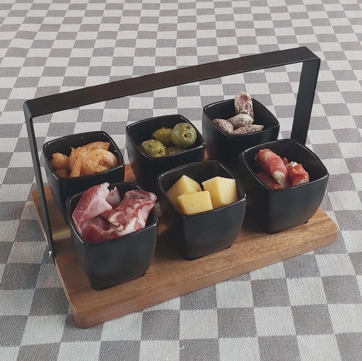 Mica Decorations - Luxe Tapas Set - 6 Zwarte Tapas Schaaltjes Op Houten Tapasplank - Servies - Borrelplank Olijfhout 5 Mica Decorations - Luxe Tapas Set - 6 Zwarte Tapas Schaaltjes Op Houten Tapasplank - Servies - Borrelplank Olijfhout - Afbeelding 3