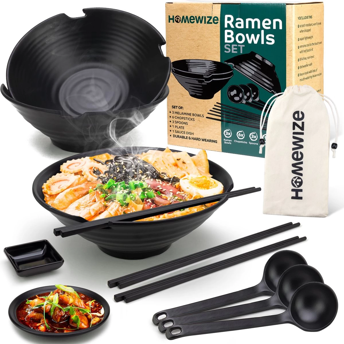 Homewize Ramen Bowl 3x - Set 14-delig - Noodle Kom Set Met Soeplepels & Eetstokjes - Sterk & Vaatwasserbestendig Japans Melamine Servies - Stijlvolle Noodle Bowl Set Voor 3 Personen - Duurzaam Cadeau 3 Homewize Ramen Bowl 3x - Set 14-delig - Noodle Kom Set Met Soeplepels & Eetstokjes - Sterk & Vaatwasserbestendig Japans Melamine Servies - Stijlvolle Noodle Bowl Set Voor 3 Personen - Duurzaam Cadeau