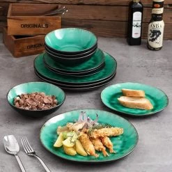 Merkloos Combiservies, 24-delig Coco Tafelservies Van Aardewerk, Raku Glazuur Effect Serviesset, Bevat Mueslikommen, Dessertborden En Dinerborden Voor 8 Personen In Vintage Look, Groen -Keukenserie Winkel 1200x1200 770