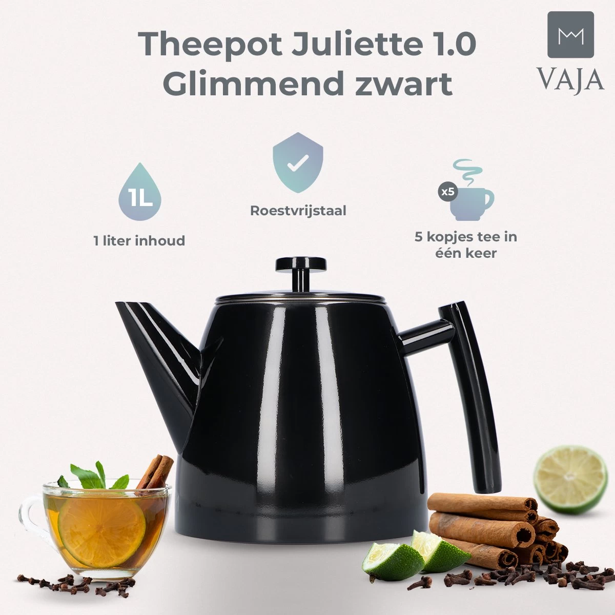 Vaja® Theepot Juliette Met Filter - Dubbelwandig -Theekan 1.0L - Glimmend Zwart 5 Vaja® Theepot Juliette Met Filter - Dubbelwandig -Theekan 1.0L - Glimmend Zwart - Afbeelding 3