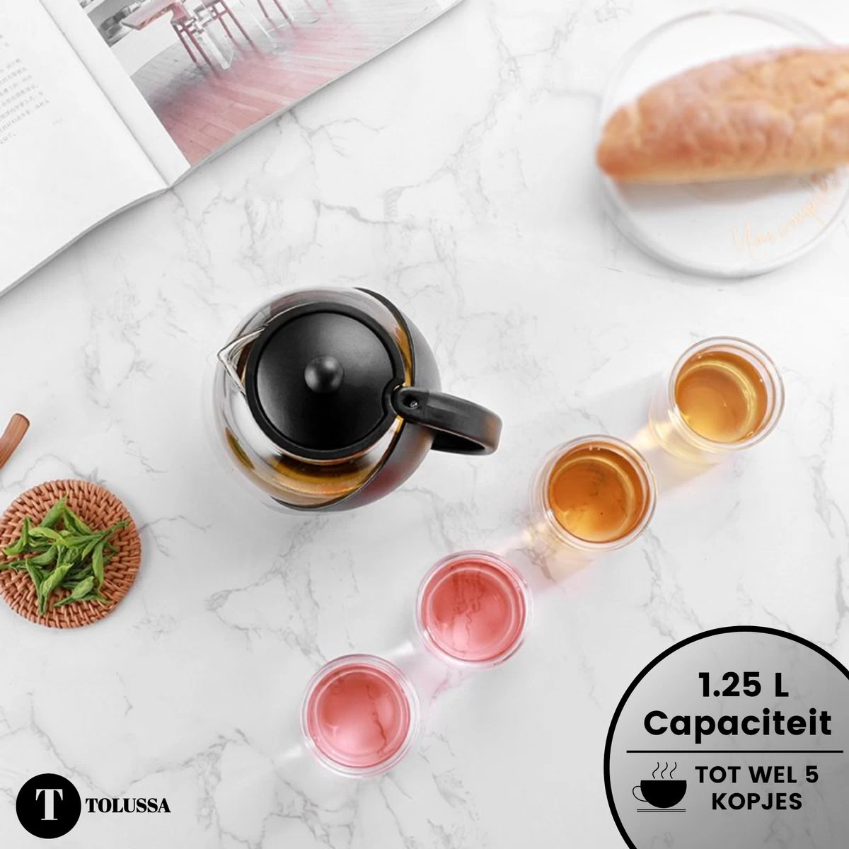 Tolussa Premium Theepot Glas Met Filter - 1.25L - Zwart - Isolerend - Lekt Niet 10 Tolussa Premium Theepot Glas Met Filter - 1.25L - Zwart - Isolerend - Lekt Niet - Afbeelding 8