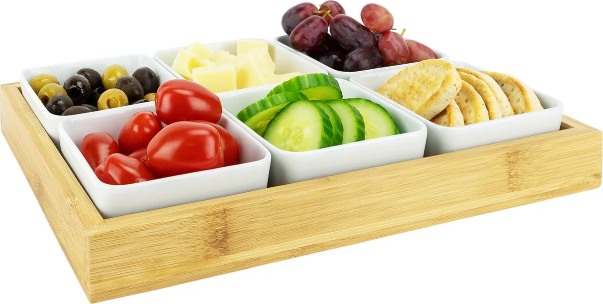 Krumble Borrelplank Met 6 Schaaltjes - Borrelplank - Tapasschaal - Serveerschaal Met Vakjes - Snackschaal - Snack- & Tappasschalen - Serveerplanken- Serveerschalen - Hout En Keramiek - 6 Delig Schaaltjes - Wit En Bruin 3 Krumble Borrelplank Met 6 Schaaltjes - Borrelplank - Tapasschaal - Serveerschaal Met Vakjes - Snackschaal - Snack- & Tappasschalen - Serveerplanken- Serveerschalen - Hout En Keramiek - 6 Delig Schaaltjes - Wit En Bruin