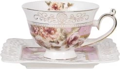 Clayre & Eef Kop En Schotel 200 Ml Roze Wit Porselein Rond Bloemen Servies Cadeau Voor Haar Cappuccino