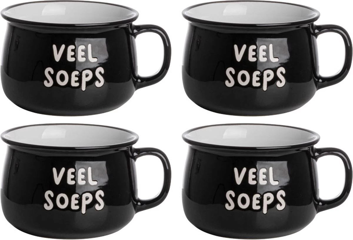 Gusta - Soepkom - Zwart Met Tekst - 500ml - Set 4 Stuks 2 Gusta - Soepkom - Zwart Met Tekst - 500ml - Set 4 Stuks