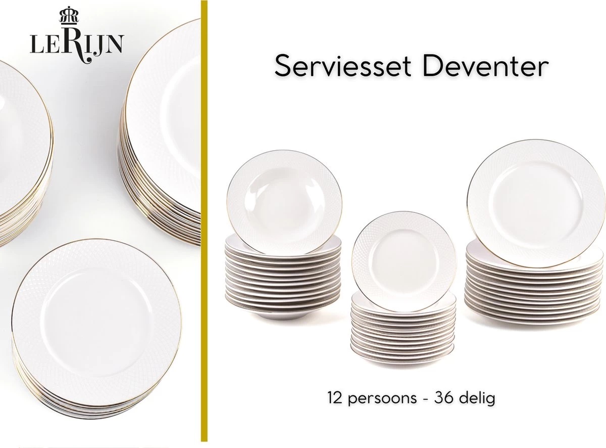 LeRijn® Serviesset Deventer 12 Persoons - 36 Delig - Licht Crème Wit Met Gouden Rand En Motief - Dinerborden - Soepborden - Dessertborden - Borden Servies - Bordenset 3 LeRijn® Serviesset Deventer 12 Persoons - 36 Delig - Licht Crème Wit Met Gouden Rand En Motief - Dinerborden - Soepborden - Dessertborden - Borden Servies - Bordenset