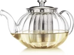 Glazen Theepot Met Filter (RVS) - 1.2 Liter - Pompoen Design - Thee Infuser – Borosilicaat – Anti-druppel Tuit