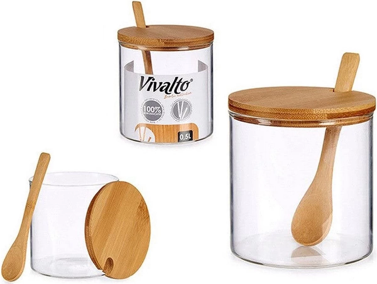 Suikerkom / Suikerpotje Glas Met Bamboe Houten Lepel En Deksel 520 ML 4 Suikerkom / Suikerpotje Glas Met Bamboe Houten Lepel En Deksel 520 ML - Afbeelding 2