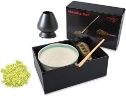 Merkloos Matcha Starter Set Compleet - Matcha Set - Matcha Thee Set Incl. Matcha Thee - Handgemaakt Matcha Kom - Chasen Houder Zwart - Bamboe Matcha Klopper En Maatschep - Complete Matcha Starter Set