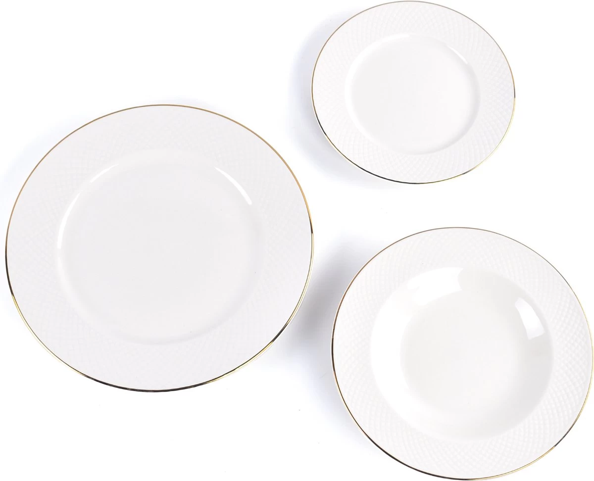 LeRijn® Serviesset Deventer 6 Persoons - 18 Delig - Licht Crème Wit Met Gouden Rand En Motief - Dinerborden - Soepborden - Dessertborden - Borden Servies - Bordenset 9 LeRijn® Serviesset Deventer 6 Persoons - 18 Delig - Licht Crème Wit Met Gouden Rand En Motief - Dinerborden - Soepborden - Dessertborden - Borden Servies - Bordenset - Afbeelding 7