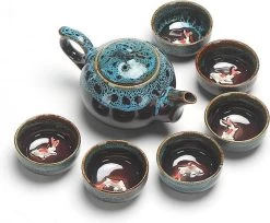 Merkloos Chinese Kung Fu Theeset Keramiek - Theepot Met 6 Kopjes - Koi Karper Design - Blauw