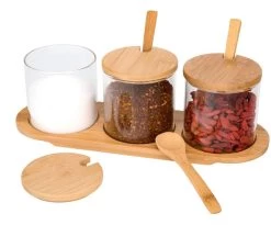 Suikerpot Met Deksel - Suikerbus - Vooraadpotten Glas En Hout - Voro Serveren Koffie & Thee - Set Van 3