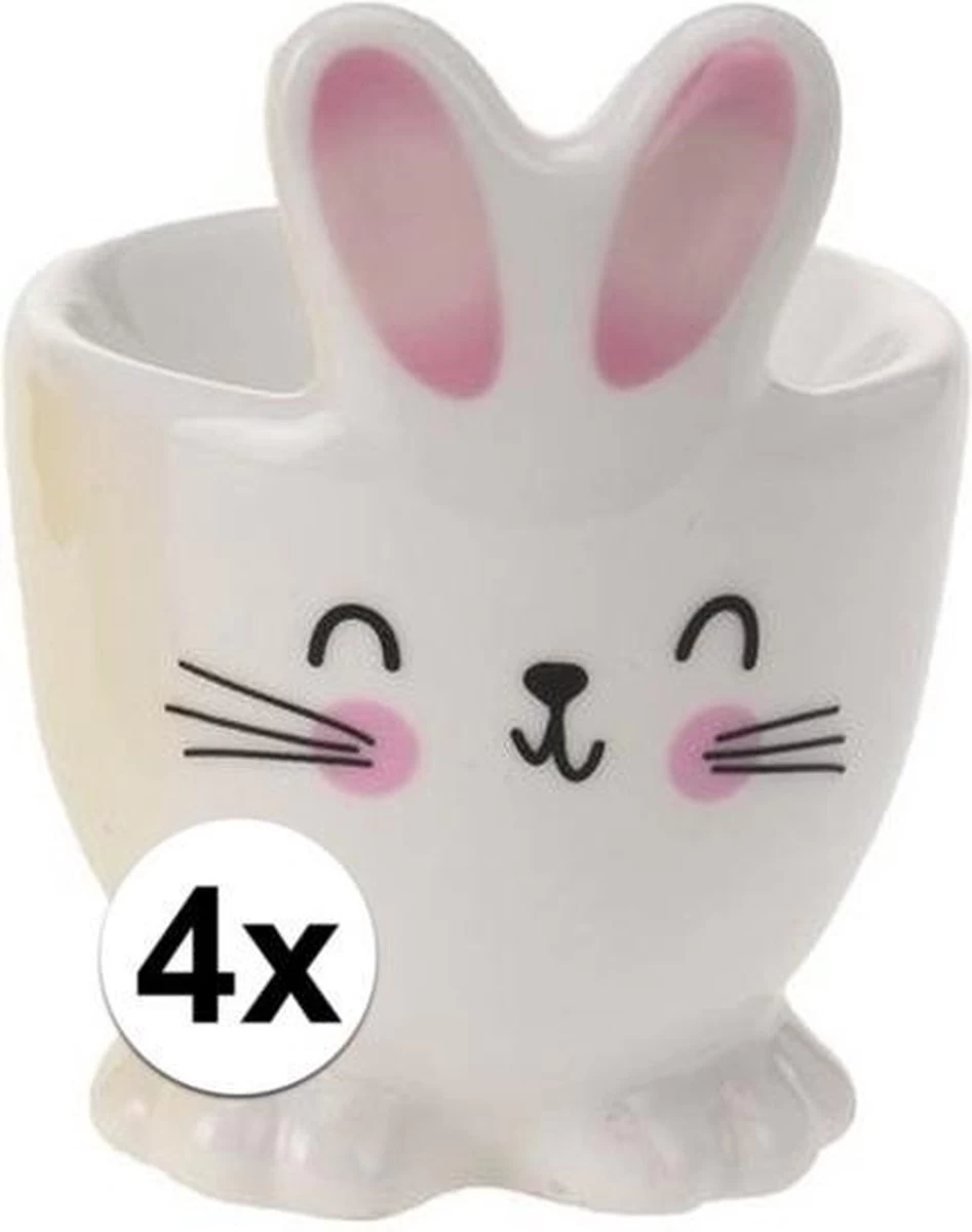 Merkloos 4x Witte Paashaas Eierdop 7 Cm - Eierdop Pasen - Paasontbijt