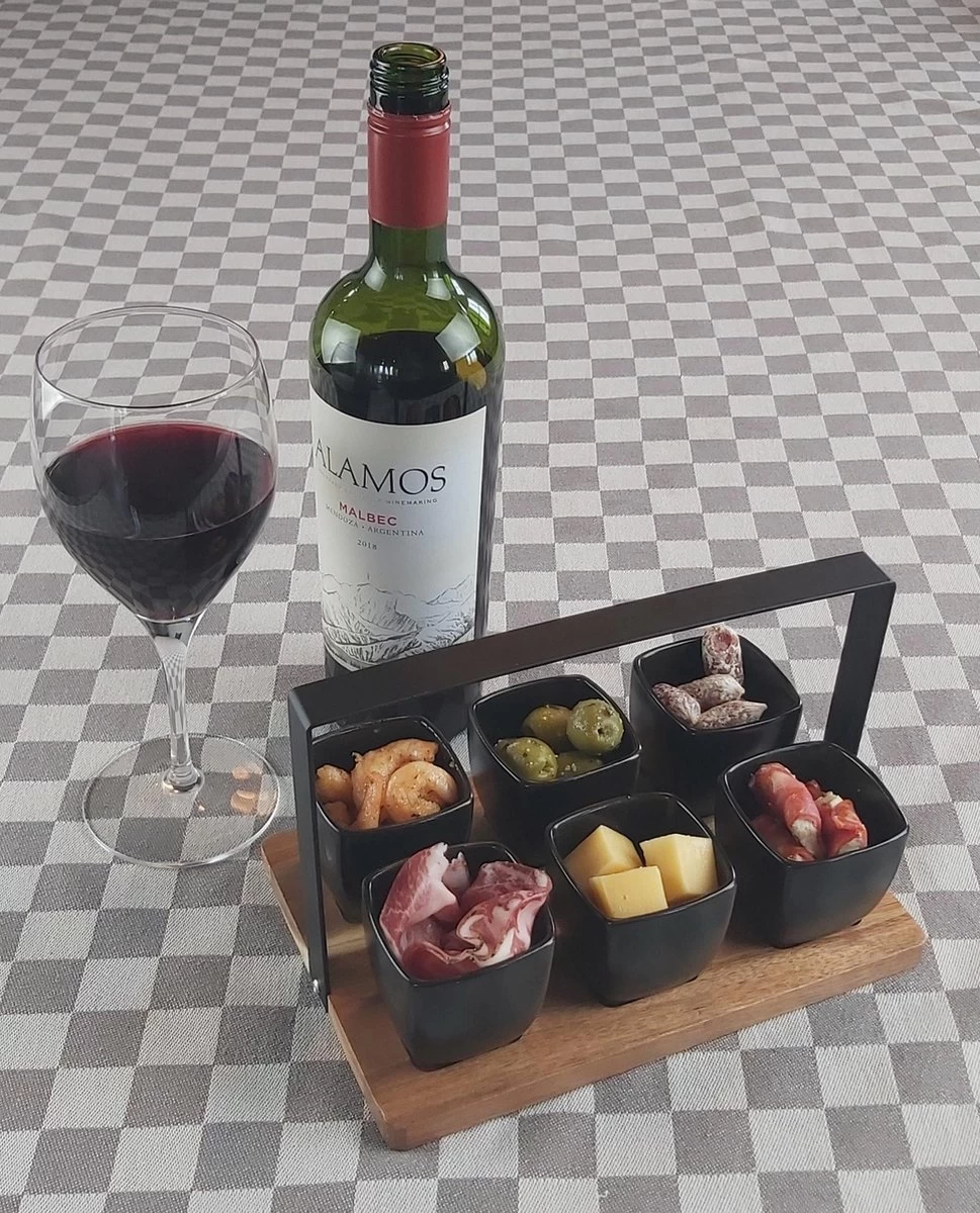 Mica Decorations - Luxe Tapas Set - 6 Zwarte Tapas Schaaltjes Op Houten Tapasplank - Servies - Borrelplank Olijfhout 4 Mica Decorations - Luxe Tapas Set - 6 Zwarte Tapas Schaaltjes Op Houten Tapasplank - Servies - Borrelplank Olijfhout - Afbeelding 2